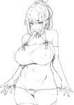  1girl bare_shoulders blush cameltoe collarbone covered_nipples eyebrows_visible_through_hair greyscale hair_between_eyes horns medium_hair monochrome navel obmas_(pfeito) original pubic_hair pubic_hair_peek slit_pupils solo standing thighhighs tied_hair tongue tongue_out 