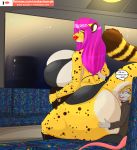  big_breasts big_butt breasts butt cheetah cleavage clothed clothing felid feline female hi_res huge_breasts huge_butt invalid_tag lipstick looking_back makarimorph makeup mammal mature_female public public_transportation sat_on side_boob sitting sitting_on spots train vehicle 