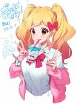  2girls aikatsu!_(series) aikatsu_stars! blonde_hair blush blush_stickers bow bowtie breasts bubble_tea bubble_tea_challenge cardigan character_name chibi chibi_inset collared_shirt commentary_request cropped_torso cup disposable_cup double_v drink drinking_straw drinking_straw_in_mouth gyaru hair_bow highres kogal long_sleeves loose_bowtie medium_breasts multiple_girls nail_polish nijino_yume object_on_breast open_cardigan open_clothes pink_bow pink_cardigan pink_hair sakuraba_rola scrunchie shirt signature sleeves_past_wrists supersaiazin-kanako translation_request twintails v white_shirt wrist_scrunchie 