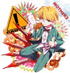  1boy blonde_hair blue_eyes copyright_name english_text glasses grin gun jeff_andonuts looking_at_viewer male_focus mother_(game) mother_2 myumyu._baton-nashi rocket sign smile solo warning_sign weapon 