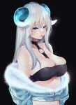  1girl aqua_eyes bandeau bangs bare_shoulders black_background black_choker blunt_bangs breasts choker cleavage closed_mouth collarbone demon_girl demon_horns eyelashes fur-trimmed_jacket fur_trim gradient gradient_hair highres horns jacket karasuma_yayoi large_breasts long_hair looking_at_viewer makeup mascara multicolored_hair original pointy_ears sidelocks silver_hair simple_background skindentation solo standing strapless zipper zipper_pull_tab 