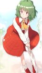  1girl ascot bangs blurry blurry_background blush bobby_socks closed_umbrella collared_shirt eyebrows_visible_through_hair facing_viewer flan_(harry_mackenzie) flower_button frilled_ascot frilled_skirt frills full_body green_hair hair_between_eyes highres kazami_yuuka long_sleeves looking_to_the_side open_clothes open_vest plaid plaid_skirt plaid_vest red_eyes red_footwear red_pupils red_skirt red_vest reflective_eyes shiny shiny_hair shirt sketch skirt skirt_set smile socks solo standing touhou tree umbrella vest wavy_hair white_legwear white_shirt yellow_neckwear younger 