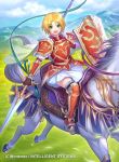  1girl amelia_(fire_emblem) animal arm_guards armor armored_boots bangs blonde_hair blue_sky blush boots cape cloud cloudy_sky commentary_request company_connection copyright_name day eyebrows_visible_through_hair fingerless_gloves fire_emblem fire_emblem:_the_sacred_stones fire_emblem_cipher frills gloves green_eyes highres horse horseback_riding kh_kyo_hibiki looking_at_viewer official_art open_mouth outdoors polearm riding shield short_hair shoulder_armor skirt sky smile spear weapon white_skirt 