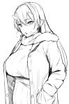  1girl blush breasts breath cold eyebrows_visible_through_hair fur_trim greyscale hair_between_eyes hands_in_pockets horns jacket large_breasts long_hair monochrome obmas_(pfeito) original parted_lips pointy_ears simple_background slit_pupils solo standing white_background 