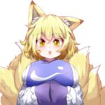  1girl :o absurdres animal_ear_fluff animal_ears blonde_hair blush breasts commentary_request eyebrows_visible_through_hair fox_ears fox_tail highres hiro_(pqtks113) large_breasts long_sleeves looking_at_viewer multiple_tails short_hair simple_background solo tail teeth touhou upper_teeth white_background yakumo_ran yellow_eyes 