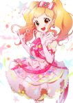  1girl :d absurdres aikatsu!_(series) aikatsu_stars! beamed_eighth_notes blonde_hair blue_bow blush bow bow_earrings brown_eyes confetti cowboy_shot dress earrings eighth_note elbow_gloves english_text eyebrows_visible_through_hair floral_print followers frilled_dress frills gem gloves gradient_hair hair_bow hairband heart heart_earrings highres idol jewelry multicolored_hair musical_note nijino_yume ok_sign open_mouth pearl_(gemstone) pearl_hair_ornament pink_bow pink_dress pink_gloves pink_hair simple_background sleeveless sleeveless_dress smile solo star supersaiazin-kanako thank_you treble_clef twintails white_background 