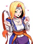  1girl :d blonde_hair blue_dress blush bracer breasts circlet cleavage commentary_request dragon_quest dragon_quest_vi dress green_eyes heart jewelry large_breasts long_hair looking_at_viewer mireyu necklace open_mouth orange_ribbon pouch ribbon simple_background smile solo suno_(imydream) white_background 