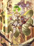  1girl armor bangs boots breastplate cape commentary_request company_connection copyright_name fire_emblem fire_emblem:_the_sacred_stones fire_emblem_cipher gloves green_eyes green_hair jewelry l&#039;arachel_(fire_emblem) long_hair mayo_(becky2006) official_art skirt thigh_boots thighhighs tied_hair white_footwear zettai_ryouiki 