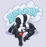  2019 animate_inanimate anthro blush deflation digital_drawing_(artwork) digital_media_(artwork) english_text glistening hi_res inflatable living_inflatable lockheedskunk lockheedskunk_(character) male mammal markings mephitid nozzle nude pool_toy red_nose rubber simple_background skunk smile solo text 