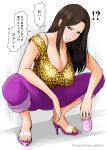  1girl angry animal_print bangs blush bra_strap breasts brown_eyes brown_hair can cleavage clenched_teeth collarbone commentary_request high_heels highres holding holding_can idolmaster idolmaster_cinderella_girls large_breasts leopard_print long_hair mukai_takumi open_toe_shoes pink_lips pink_nails serious_graphics shirt short_sleeves sitting squatting swept_bangs teeth translation_request yellow_shirt 