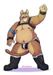  2018 5_fingers anthro armpit_hair boots bulge clothed clothing cougar digital_drawing_(artwork) digital_media_(artwork) felid feline fingers footwear harness hi_res jockstrap male mammal muscular muscular_male navel nipples outcast-stars overweight overweight_male partially_clothed simple_background solo standing underwear whiskers 