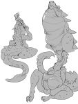  anthro balls belly big_belly capcom digital_media_(artwork) dragon erection female hi_res human kalnareff lagiacrus leviathan_(mh) long_neck male male/female male_pred mammal monochrome monster_hunter neck_bulge open_mouth oral_vore penis scalie size_difference swallowing video_games vore 