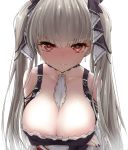  1girl arm_under_breasts azur_lane bangs bare_shoulders between_breasts black_dress black_nails blush breasts cleavage dress earrings embarrassed eyebrows_visible_through_hair formidable_(azur_lane) frilled_dress frills grey_hair hair_ribbon highres jewelry large_breasts long_hair long_sleeves looking_at_viewer red_eyes ribbon rigging simple_background solo sweatdrop twintails two-tone_dress two-tone_ribbon upper_body very_long_hair watarui white_background 