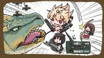  3girls aircraft akagi_(kantai_collection) bangs blonde_hair blush bow_(weapon) braid brown_hair chibi flying_sweatdrops hair_flaps hair_ornament hair_ribbon hairclip kantai_collection lance long_hair monster_hunter multiple_girls open_mouth pleated_skirt polearm red_eyes remodel_(kantai_collection) ribbon sailor_collar sattsu school_uniform serafuku shigure_(kantai_collection) skirt speed_lines teeth tigrex torpedo twitter_username weapon yuudachi_(kantai_collection) 