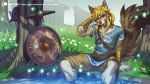  16:9 2019 alanscampos anthro blonde_hair blue_eyes canid canine canis clothed clothing digital_media_(artwork) flower fully_clothed grass hair hi_res link_(wolf_form) looking_at_viewer male mammal melee_weapon nintendo patreon plant shield solo sword the_legend_of_zelda url video_games weapon wolf 