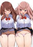  2girls bangs black_skirt blush bow bowtie breasts brown_hair buttons closed_eyes closed_mouth collarbone commentary_request dress_shirt eyebrows_visible_through_hair groin kaisen_chuui large_breasts long_hair long_sleeves miniskirt multiple_girls open_mouth original panties pantyshot pantyshot_(standing) pink_hair pink_panties purple_eyes purple_panties red_bow school_uniform shirt side-tie_panties simple_background skindentation skirt skirt_lift smile standing underwear white_background white_shirt 
