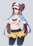  1girl black_legwear breasts brown_hair closed_mouth collarbone double_bun grey_background highres large_breasts legwear_under_shorts lifted_by_self long_hair looking_at_viewer mei_(pokemon) midriff mrnn navel pantyhose pokemon pokemon_(game) pokemon_bw2 raglan_sleeves shorts simple_background solo twintails underboob visor_cap watch wavy_mouth yellow_shorts 