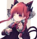  1girl animal_ears black_ribbon braid cat_ears cat_tail dress ears extra_ears frilled_dress frills green_dress highres hito_komoru juliet_sleeves kaenbyou_rin long_sleeves multiple_tails nekomata one_eye_closed puffy_sleeves red_eyes red_hair ribbon smile tail touhou twin_braids two_tails 