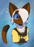  2019 anthro blue_sclera brown_fur clothed clothing conditional_dnp domestic_cat fangs felid feline felis fur hair hair_over_eye hi_res looking_at_viewer male mammal percy_(teckworks) siamese smile solo teckworks white_fur 