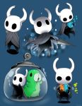  1other arizuka_(catacombe) blue_background bug cloak highres holding holding_sword holding_weapon hollow_knight hollow_knight_(character) insect multiple_views simple_background sword translation_request weapon worms 