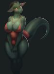  2019 anthro big_breasts blush breasts clothing female green_scales horn humanoid_pointy_ears kobold navel nipples non-mammal_breasts open_mouth orange_eyes orange_sclera sal-sal scales scalie shy simple_background solo standing swimwear teeth thick_tail thick_thighs voluptuous wardrobe_malfunction wide_hips 