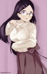  1girl bangs banned_artist black_hair blue_eyes bow breasts brown_bow brown_skirt commentary_request forehead glasses hair_ornament hairclip hand_up large_breasts long_hair long_sleeves looking_at_viewer parted_bangs parted_lips pleated_skirt purple_background saitou_kaede_(yama_no_susume) skirt solo sweater tasora turtleneck turtleneck_sweater twitter_username very_long_hair white_sweater yama_no_susume 