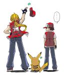  2boys baseball_cap denim fatal_fury from_behind hat jeans multiple_boys niyasu pants pikachu pokemon pokemon_(creature) red_(pokemon) super_smash_bros. terry_bogard the_king_of_fighters throwing_hat torn_clothes torn_sleeves vest 