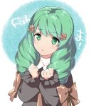  1girl :o bangs black_dress blush bow brown_bow copyright_request dress emblem eyebrows_visible_through_hair fire fire_emblem fire_emblem:_three_houses flayn_(fire_emblem) green_eyes green_hair hair_ornament hands_up long_hair long_sleeves looking_at_viewer misu_kasumi parted_lips puffy_long_sleeves puffy_sleeves solo translation_request twintails upper_body 