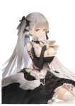  1girl absurdres azur_lane bangs bare_shoulders between_breasts black_dress breasts cleavage cup dokshuri dress eyebrows_visible_through_hair formidable_(azur_lane) frilled_dress frills grey_hair hair_ribbon highres holding holding_cup holding_saucer jewelry large_breasts long_hair long_sleeves looking_at_viewer red_eyes ribbon rigging simple_background sitting solo tea teacup thighhighs twintails two-tone_dress two-tone_ribbon very_long_hair wariza white_background white_legwear 
