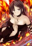  1girl bangs banned_artist bare_shoulders black_choker blurry blurry_background breasts brown_dress brown_eyes brown_hair choker closed_mouth collarbone commentary_request consort_yu_(fate) depth_of_field dress ear_piercing eyebrows_visible_through_hair fate/grand_order fate_(series) fire long_hair looking_at_viewer medium_breasts piercing solo strapless strapless_dress tasora twitter_username very_long_hair 
