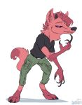  animancer anthro black_sclera canid canine claws clothed clothing demon dipstick_tail fox fur hair horn looking_at_viewer mammal multicolored_tail neck_tuft pink_eyes pink_fur pink_hair simple_background solo splendid tuft white_background wolfgang 