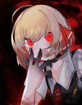  1girl :d adapted_costume ahoge blonde_hair choker commentary dark_background fang hair_ribbon kky looking_at_viewer open_mouth red_eyes red_ribbon ribbon rumia short_hair smile solo touhou upper_body 