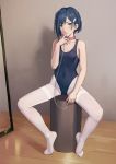  1girl alternate_costume bangs bare_arms bare_shoulders blue_hair breasts chain collar commentary_request darling_in_the_franxx green_eyes hair_ornament hairclip ichigo_(darling_in_the_franxx) looking_at_viewer mool_yueguang navel pantyhose pink_collar short_hair sitting small_breasts solo spread_legs white_legwear 