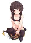  1girl absurdres bandaged_leg bandages blush bra breasts brown_hair closed_mouth eyebrows_visible_through_hair hat highres kono_subarashii_sekai_ni_shukufuku_wo! lace lace-trimmed_bra lace-trimmed_panties long_hair looking_at_viewer megumin mismatched_legwear mousou_(mousou_temporary) panties red_eyes short_hair_with_long_locks simple_background single_thighhigh solo thighhighs underwear underwear_only white_background witch_hat 