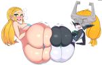  2019 absurd_res armor ass_to_ass big_butt bikini blonde_hair blush breast_size_difference breasts breath_of_the_wild butt clothing drunkavocado duo female hair headgear helmet hi_res huge_butt humanoid humanoid_pointy_ears hylian imp long_hair looking_at_viewer midna nintendo not_furry open_mouth orange_hair princess_zelda red_eyes simple_background swimwear the_legend_of_zelda twili twilight_princess video_games white_background yellow_sclera 