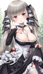  1girl :o azur_lane bangs bare_shoulders between_breasts black_dress black_nails blush breasts cleavage dress earrings eyebrows_visible_through_hair formidable_(azur_lane) frilled_dress frills garter_straps grey_hair hair_ribbon hand_on_own_chest head_tilt jewelry kei_kei large_breasts long_hair long_sleeves looking_at_viewer red_eyes ribbon rigging skirt_hold solo thighhighs twintails two-tone_dress two-tone_ribbon very_long_hair white_legwear 