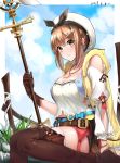  1girl 2018 absurdres arm_support atelier_(series) atelier_ryza bangs bare_shoulders belt belt_buckle beret black_ribbon blush bracelet breasts brown_hair buckle cleavage dated day eyebrows_visible_through_hair gloves grass hair_between_eyes hair_ornament hairpin hat highres holding holding_weapon jacket jewelry looking_at_viewer medium_breasts medium_hair necklace outdoors parted_lips puffy_sleeves red_shorts reisalin_stout ribbon rock short_shorts shorts sidelocks sitting solo staff star star_necklace tareme test_tube thighhighs utility_belt weapon yellow_eyes yellow_jacket z-rq 