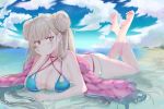  1girl absurdres ahoge alternate_costume azur_lane bangs barefoot beach bikini blue_bikini blue_sky blush braid breasts choker cleavage cloud crossed_ankles day double_bun eyebrows_visible_through_hair feather_boa feet_up formidable_(azur_lane) formidable_(the_lady_of_the_beach)_(azur_lane) full_body highres large_breasts long_hair looking_at_viewer lying ocean on_stomach outdoors red_eyes ru_zhai sidelocks sky solo swimsuit thighs very_long_hair wet 