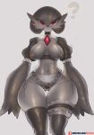  2019 ? anthro big_breasts big_forearms big_hands breasts clothed clothing exposed_breasts female front_view gardevoir girlsay hair hi_res humanoid legwear looking_at_viewer mammal navel nintendo nipples not_furry partially_clothed pok&eacute;mon pok&eacute;mon_(species) red_eyes simple_background skimpy solo squish thick_thighs thigh_highs thigh_squish thong video_games wide_hips 