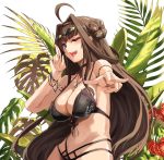  1girl ;d ahoge armlet bare_shoulders bikini black_bikini blush bracelet breasts brown_hair cleavage collarbone commentary cowboy_shot double_bun eyewear_on_head gold groin hairband hand_up jewelry kantai_collection kongou_(kantai_collection) long_hair navel necklace one_eye_closed open_mouth palm_leaf pointing pointing_at_viewer purple_eyes ring shiny shiny_skin smile stomach sunglasses swimsuit yashiro_(silver_will) 
