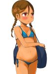  1girl absurdres bangs bare_arms bare_shoulders belly bikini blue_bikini blush braid breasts brown_hair closed_mouth collarbone commentary_request dark_skin groin hair_between_eyes highres long_hair looking_away low_twintails lowleg lowleg_bikini navel original parted_bangs red_eyes side-tie_bikini simple_background small_breasts solo swimsuit toy_box-r twin_braids twintails white_background 