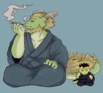  2016 anthro blush clothing dragon duo father japanese_clothing male mamaito morenatsu parent pipe simple_background smoke smoking smoking_pipe son tappei_(morenatsu) tatsuki_(morenatsu) young yukata 