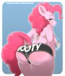  2019 anthro bikini blush bodily_fluids breasts butt butt_focus clothing dock dotted_background equid equine female friendship_is_magic hi_res looking_at_viewer mammal my_little_pony omegaozone pattern_background pinkie_pie_(mlp) simple_background solo sweat swimwear url 