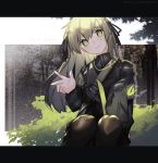  +_+ 1girl armband commentary girls_frontline hair_ribbon headgear jacket kky letterboxed long_hair long_sleeves looking_at_viewer pantyhose ribbon sitting smile solo ump40_(girls_frontline) yellow_eyes 