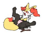  2019 ambiguous_gender black_fur blush bodily_fluids braixen breath butt canid canine claws clothing digital_media_(artwork) fangs feral fur fur_markings half-closed_eyes huff inner_ear_fluff looking_away lying mammal markings nintendo on_back on_ground open_mouth panties pattern_clothing pattern_underwear pok&eacute;mon pok&eacute;mon_(species) presenting red_eyes red_fur red_markings red_nose sillywolf simple_background solo stick striped_clothing striped_panties striped_underwear stripes sweat sweatdrop tail_markings tongue underwear video_games white_background white_fur yellow_fur 