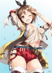  1girl arms_up atelier_(series) atelier_ryza ayakawa_riku belt blue_background blush breasts brown_eyes brown_hair commentary cowboy_shot flask hair_ornament hairclip jacket large_breasts looking_at_viewer navel one_eye_closed open_mouth red_shorts reisalin_stout round-bottom_flask shirt short_hair short_shorts shorts signature sleeveless sleeveless_jacket smile solo thighhighs thighs water_drop white_headwear white_shirt yellow_jacket 
