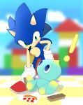  ! ambiguous_gender anthro blue_eyes blue_fur chao_(sonic) clothing crayon creating_art drawing duo eulipotyphlan footwear fur gloves green_eyes hand_on_hip handwear hedgehog hi_res holding_object kalk427 male mammal shoes sonic_(series) sonic_the_hedgehog 