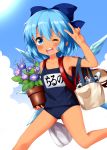  1girl ;d arm_up backpack bag ball bangs bare_arms bare_legs bare_shoulders blue_bow blue_eyes blue_flower blue_hair blue_sky blue_swimsuit blush bow character_name cirno cloud collarbone commentary_request day eyebrows_visible_through_hair feet_out_of_frame flower flower_pot hair_between_eyes hair_bow highres holding ice ice_wings looking_at_viewer name_tag one-piece_swimsuit one_eye_closed open_mouth outdoors purple_flower ruu_(tksymkw) school_swimsuit short_hair sky smile soccer_ball solo swimsuit tanned_cirno thighs touhou translated v v-shaped_eyebrows wings 