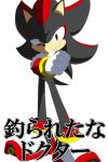  2:3 anthro black_fur clothing crossed_arms eulipotyphlan footwear fur gloves grin handwear hedgehog japanese_text kalk427 male mammal red_eyes red_fur shadow_the_hedgehog shoes simple_background smile solo sonic_(series) text translation_request white_background 