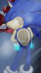  anthro blue_fur bodily_fluids clenched_teeth clothing duo eulipotyphlan eyes_closed fur gloves glowing grimace handcuffs hands_behind_back handwear head_grab hedgehog hi_res kalk427 male mammal on_glass red_skin scratches shackles sonic_(series) sonic_forces sonic_the_hedgehog spikes sweat teeth wallpaper wounded zavok zeti 